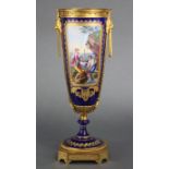 A 19th century French porcelain & ormolu mounted vase, of tapered cylindrical form, finely painted