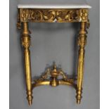 A Louis XVI style gold painted console table with shaped marble top, pierced frieze & fluted