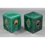 A pair of green glazed Chinese pottery conservatory seats of rectangular form, with raised