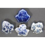 Two 18th century Bow blue & white porcelain leaf-shaped pickle dishes; a Lowestoft ditto; &