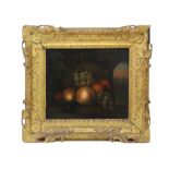 CONTINENTAL SCHOOL, 18th century. A still-life study of fruit on s stone ledge. Oil on canvas: 12” x