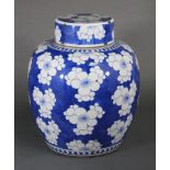 A Chinese blue & white porcelain large ginger jar & cover, decorated with prunus blossom; 9¾”