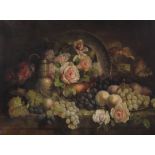 C. L. LOCKTON (early 20th century). Still-life study of fruit, roses, & Metalware on a stone