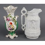 A Coalbrookdale porcelain two-handled vase of green ground & with pierced trellis neck, painted &