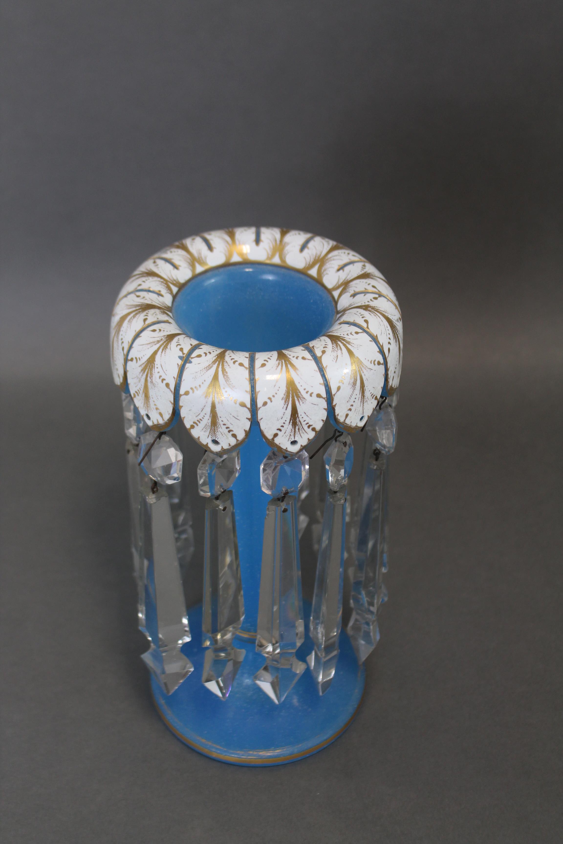 A 19th century bohemian cut-glass candle lustre with blue trumpet-shaped body & white overlaid lobed - Image 2 of 2