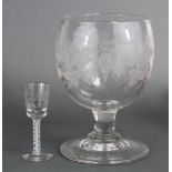 A Victorian large glass goblet with engraved grapevine decoration, 8¾” high x 5½” diam.; & a similar