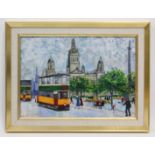 BETTY STIRLING (1915-1985) St. George Square, Glasgow, with trams, figures, & City Chambers