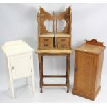 Two oak bedside cabinets (one painted white); an oak rectangular occasional table; & a small pair of