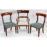 An early Victorian mahogany carver dining chair with open scroll-arms, padded drop-in seat, & on