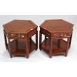 A ditto pair of hexagonal low occasional tables, each with pierced frieze, square supports, & with