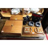 A Victorian brass-mounted mahogany adjustable book trough; together with two treen trinket boxes;