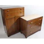 An oak low chest, fitted three long graduated drawers & on bracket feet, 35¾” wide; & a similar