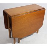 A Meredew teak drop-leaf kitchen table on moulded square legs with plain stretchers, 58¼” x 33½”.