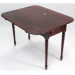 A late George III mahogany Pembroke table, fitted end drawer & on ring-turned tapered legs, 38½”