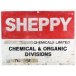 A large painted aluminium rectangular sign “SHEPPY CHEMICALS LIMITED CHEMICAL & ORGANIC DIVISIONS,