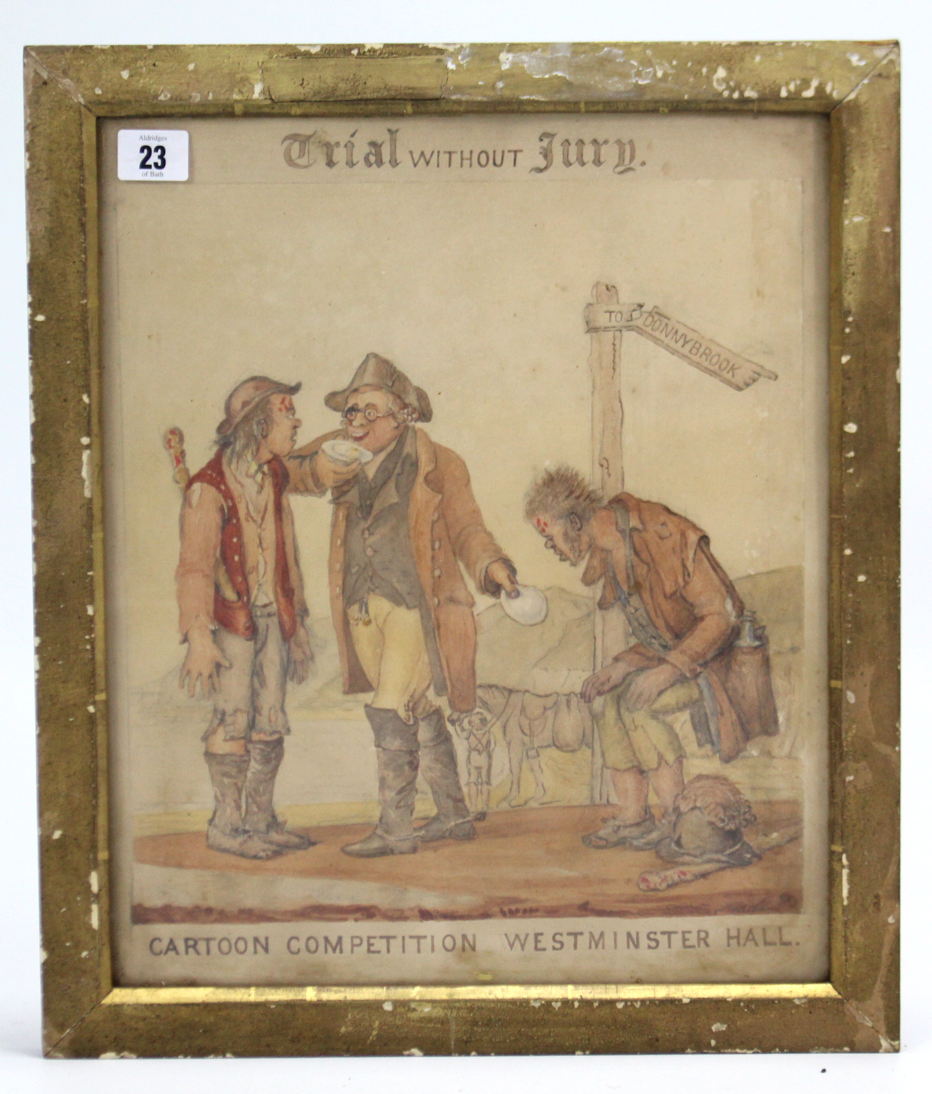 A late 19th century political cartoon titled “TRIAL WITHOUT JURY” (CARTOON COMPETITION WESTMINSTER
