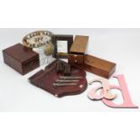 An early 20th century wooden lavatory seat & cover; three wooden box files; a cast-iron oval sign “