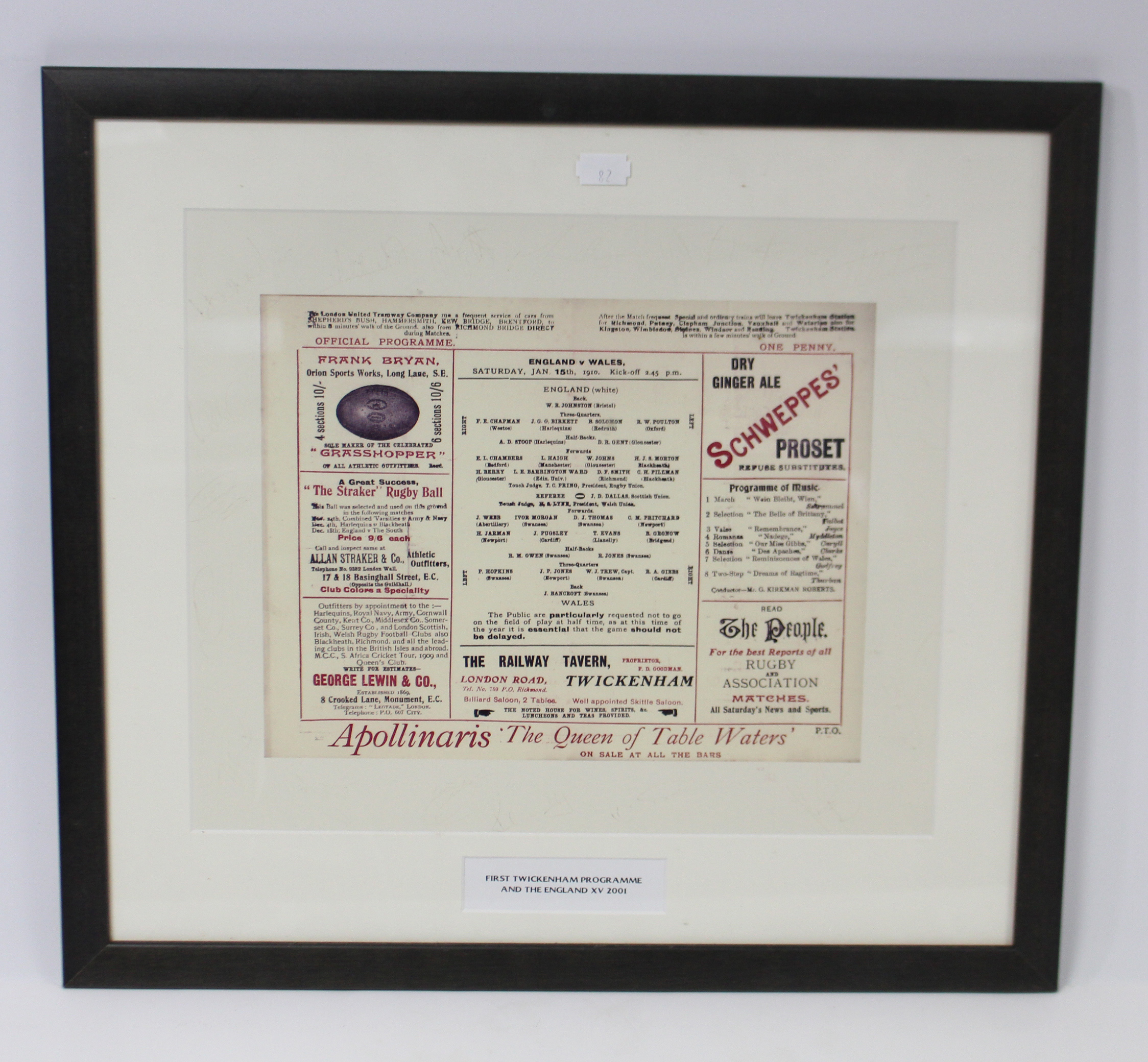A reproduction “England V Wales 1910” rugby union programme, in glazed frame; together with - Image 2 of 3
