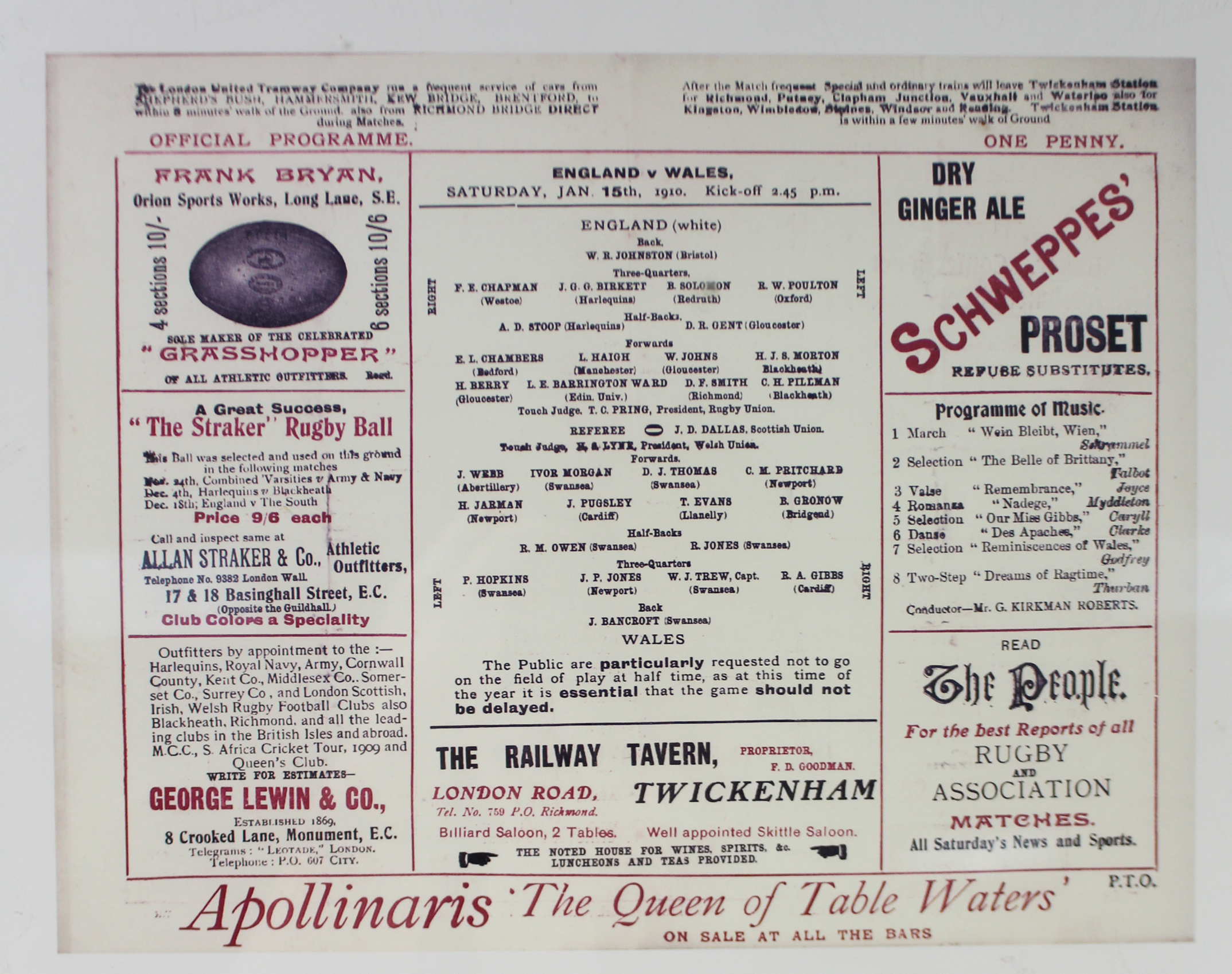 A reproduction “England V Wales 1910” rugby union programme, in glazed frame; together with