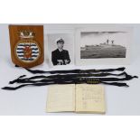 A 1970’s H. M. S. Lynx captain’s Night Order Book; four various H. M. S. cap tallies; two naval