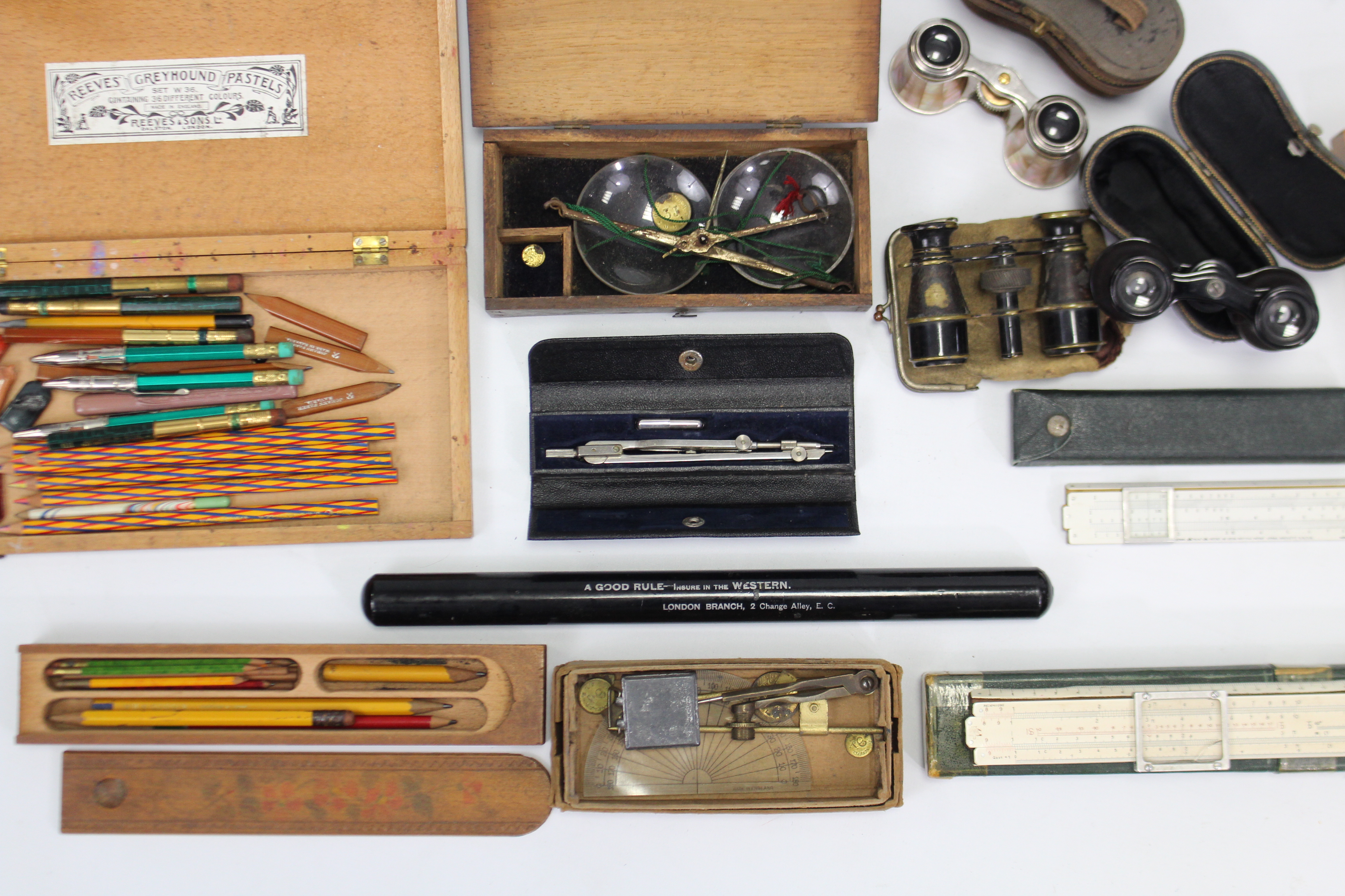 Three pairs of opera glasses, each with case; & various drawing implements etc. - Image 3 of 5