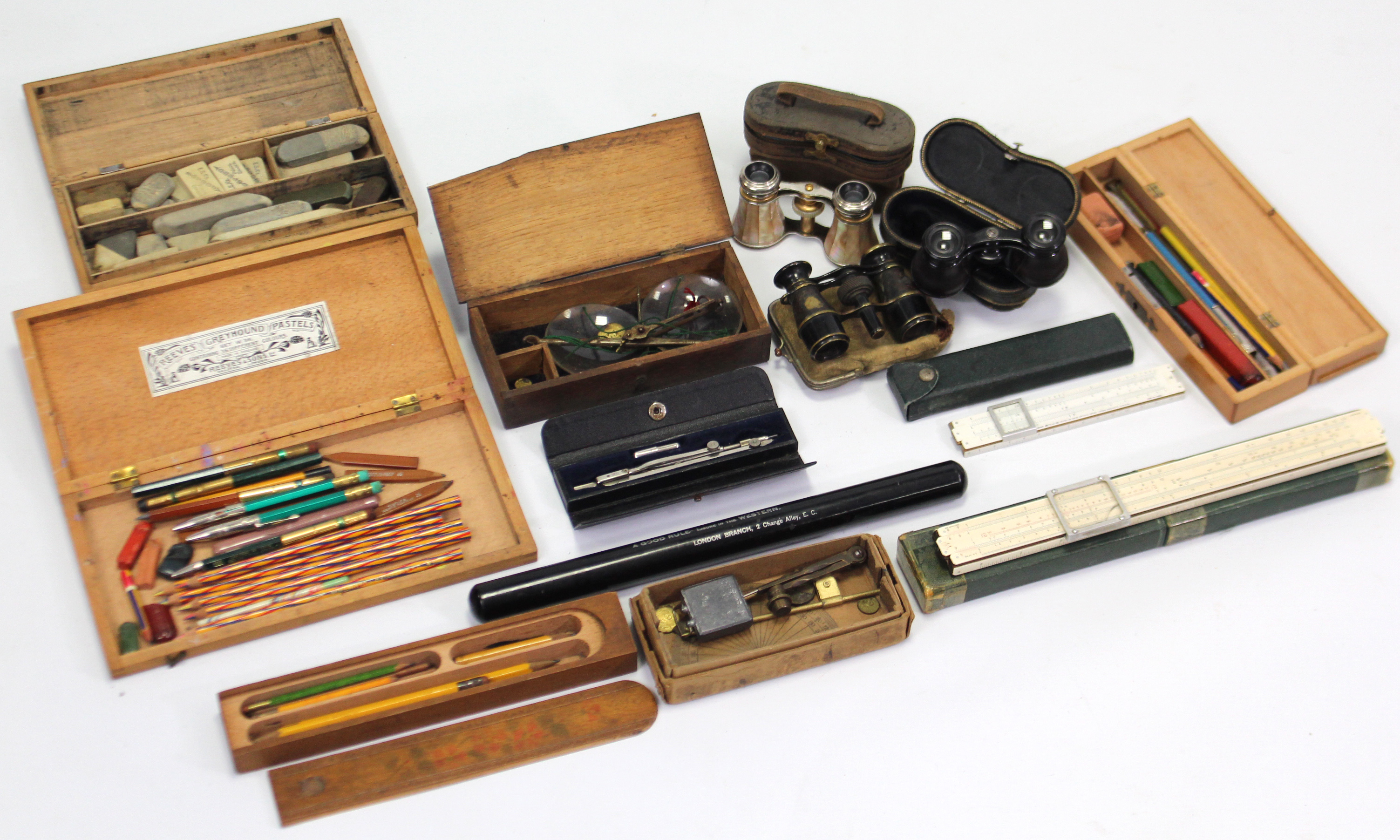 Three pairs of opera glasses, each with case; & various drawing implements etc.