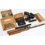 Three pairs of opera glasses, each with case; & various drawing implements etc.