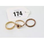 An 18ct. gold wedding band; a 9ct. ditto; & a 9ct. dress ring.