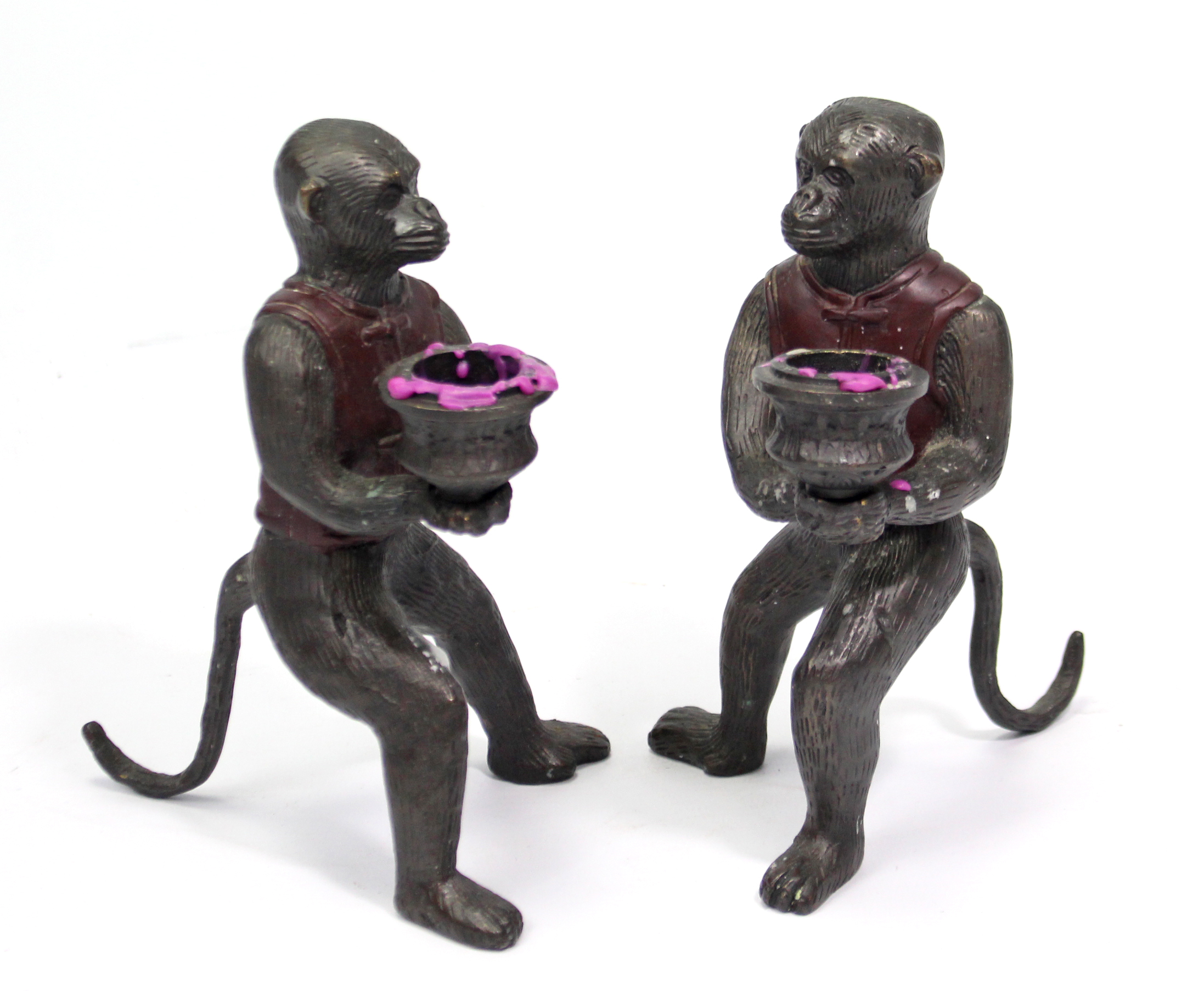 A pair of cold-painted bronzed novelty monkey character candlesticks, 6¾” high. - Image 2 of 3