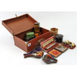 Two Meerschaum pipes, cased; two Mauchline-Ware trinket boxes; a pair of binoculars; a harmonica,