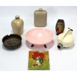 A Fordham Geeco “Pollyput” kettle; a pink plastic circular fruit bowl; a chrystoleum; a biscuit tin;