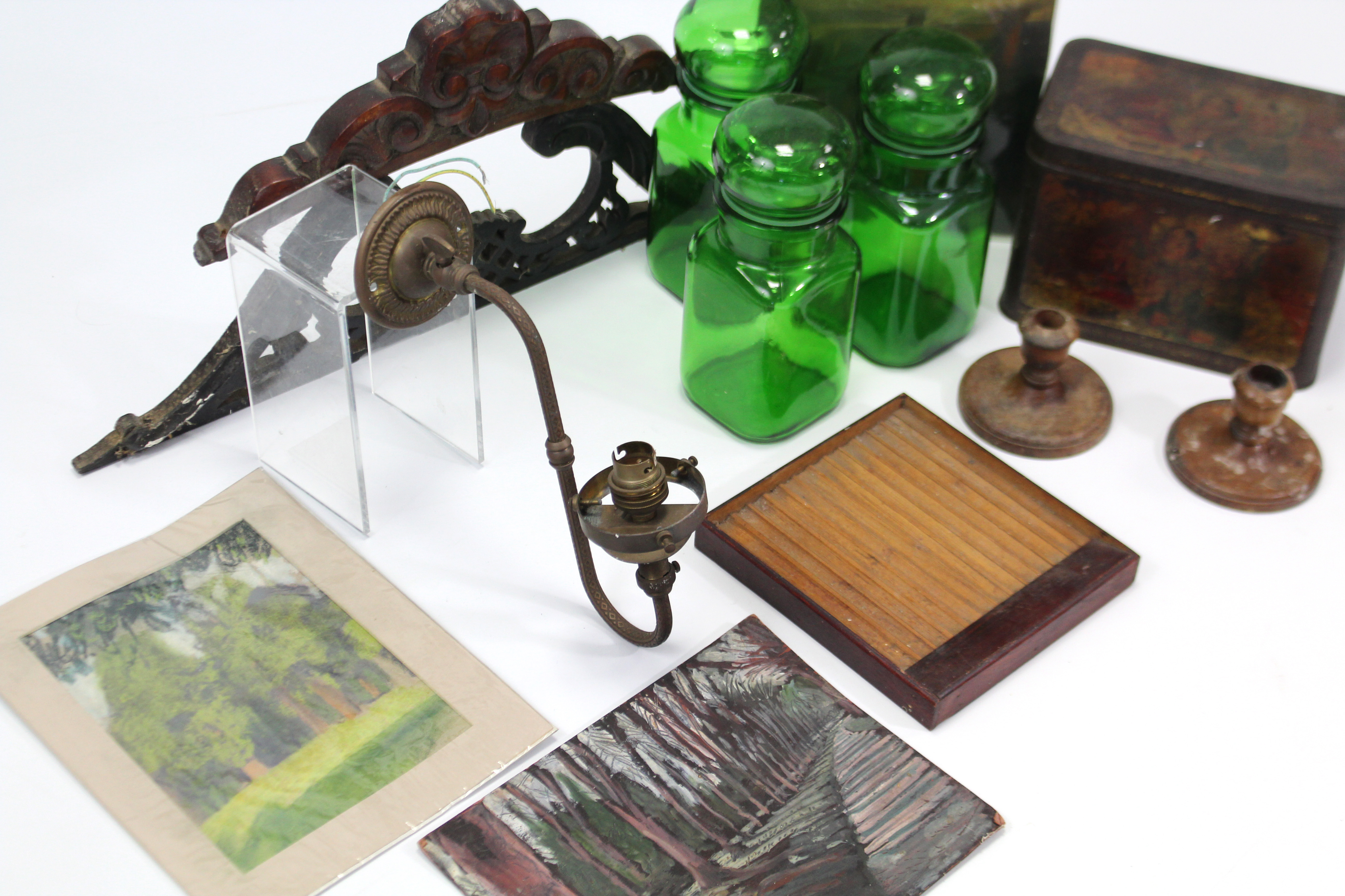 Three green tinted glass storage jars; a “Mazawattee” tea tin; a pair of treen candlesticks; three - Image 4 of 4