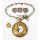 A half-hunter pocketwatch in engraved yellow-metal case; a silver plated Albert; a 9ct. gold “St.