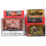 A Snap-on “custom G10-Mad Garage Diorama”; three ditto model trucks; & a ditto model “Superbike”,