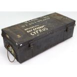 A WWII black-japanned metal British military travelling trunk the hinged lift-lid inscribed “MAJOR