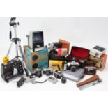 A Kobena film camera; a Prinz Super-8 movie projector; a Rank Aldis stack-loading projector; various