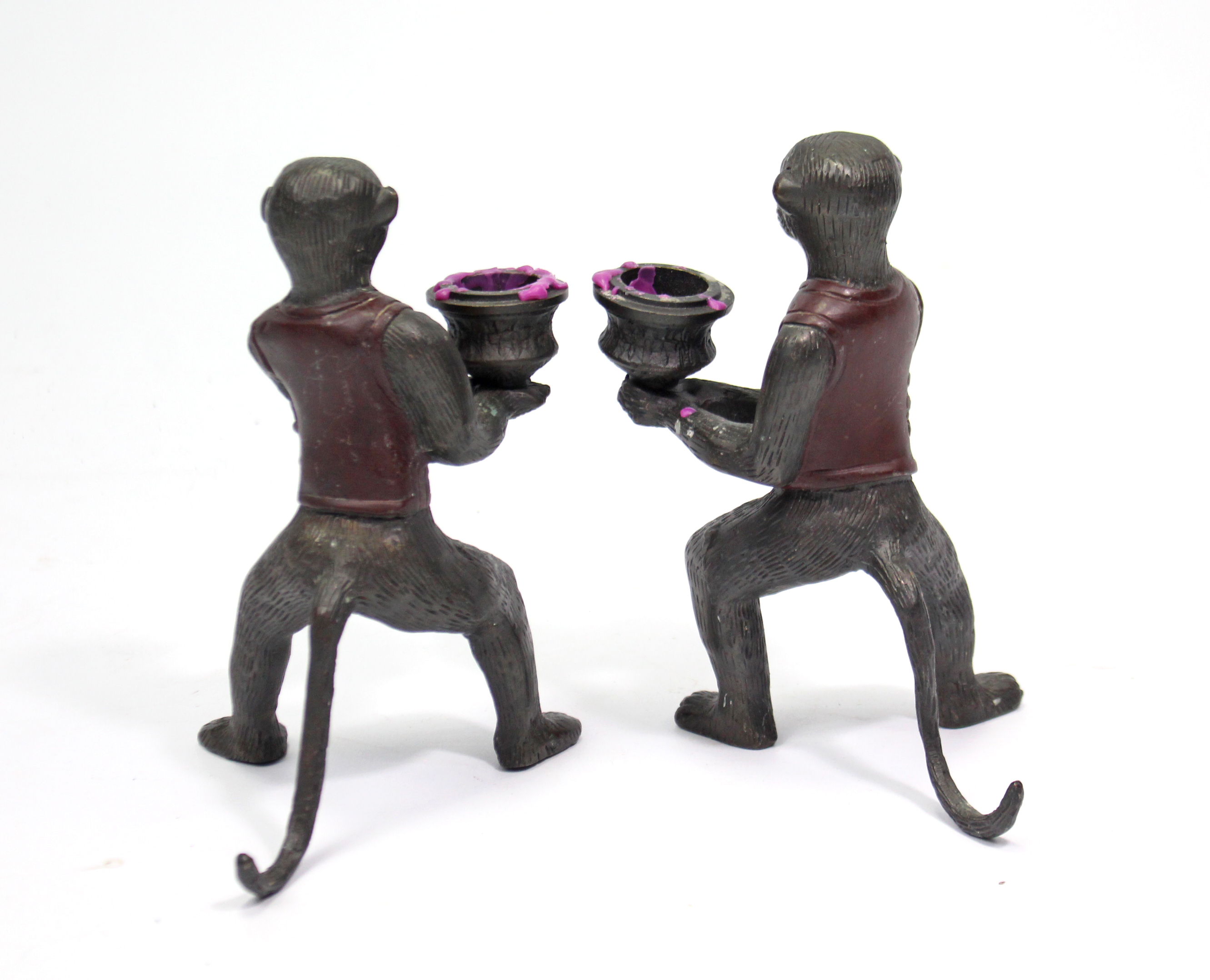 A pair of cold-painted bronzed novelty monkey character candlesticks, 6¾” high. - Image 3 of 3