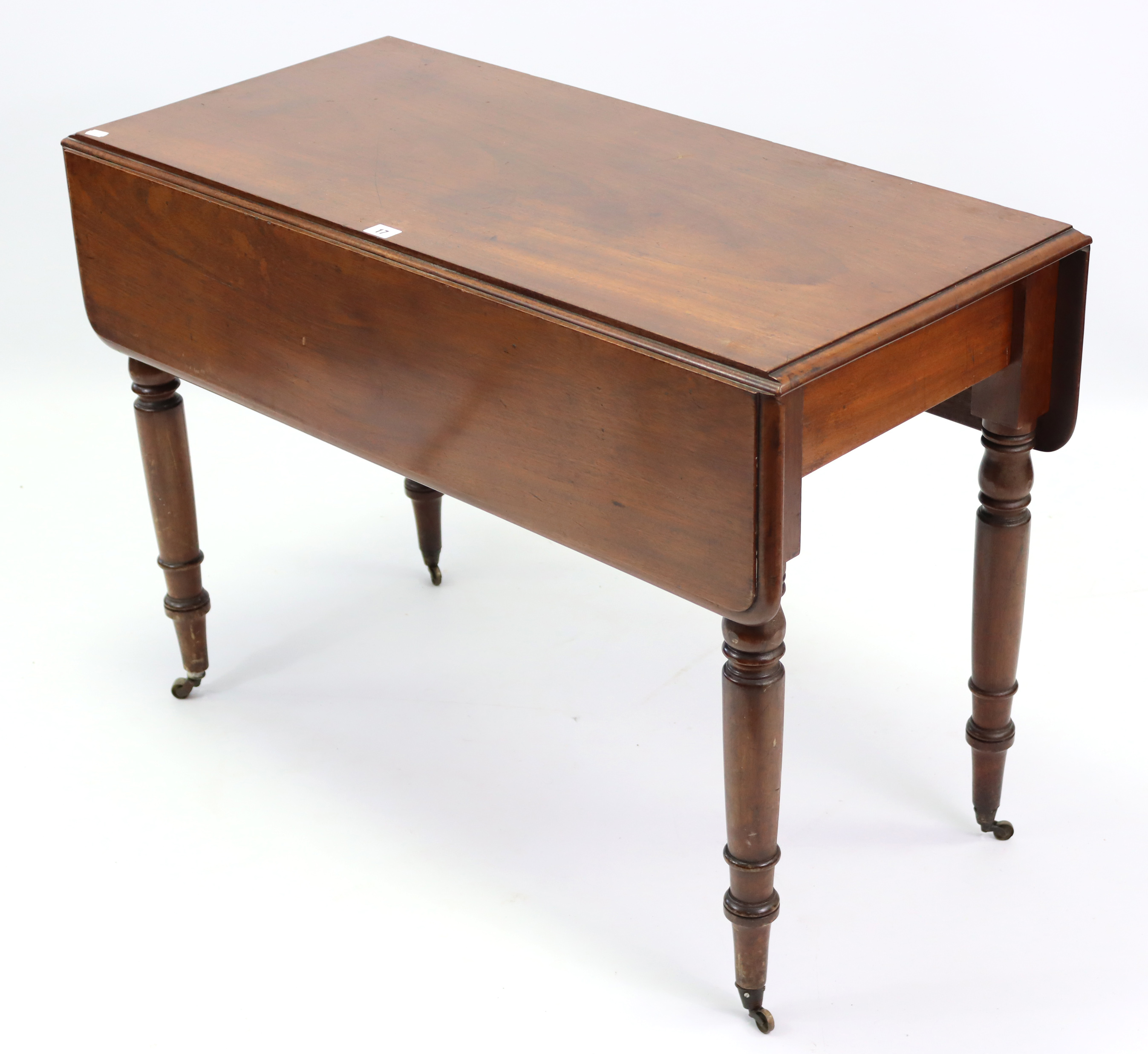A late 19th century mahogany Pembroke table, fitted end drawer & on turned tapered legs with