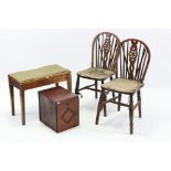 Three wheel-back kitchen chairs with hard seats & on turned legs with spindle stretchers; together