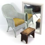 A pale blue painted loom chair; together with three wall mirrors; & a pine footstool.