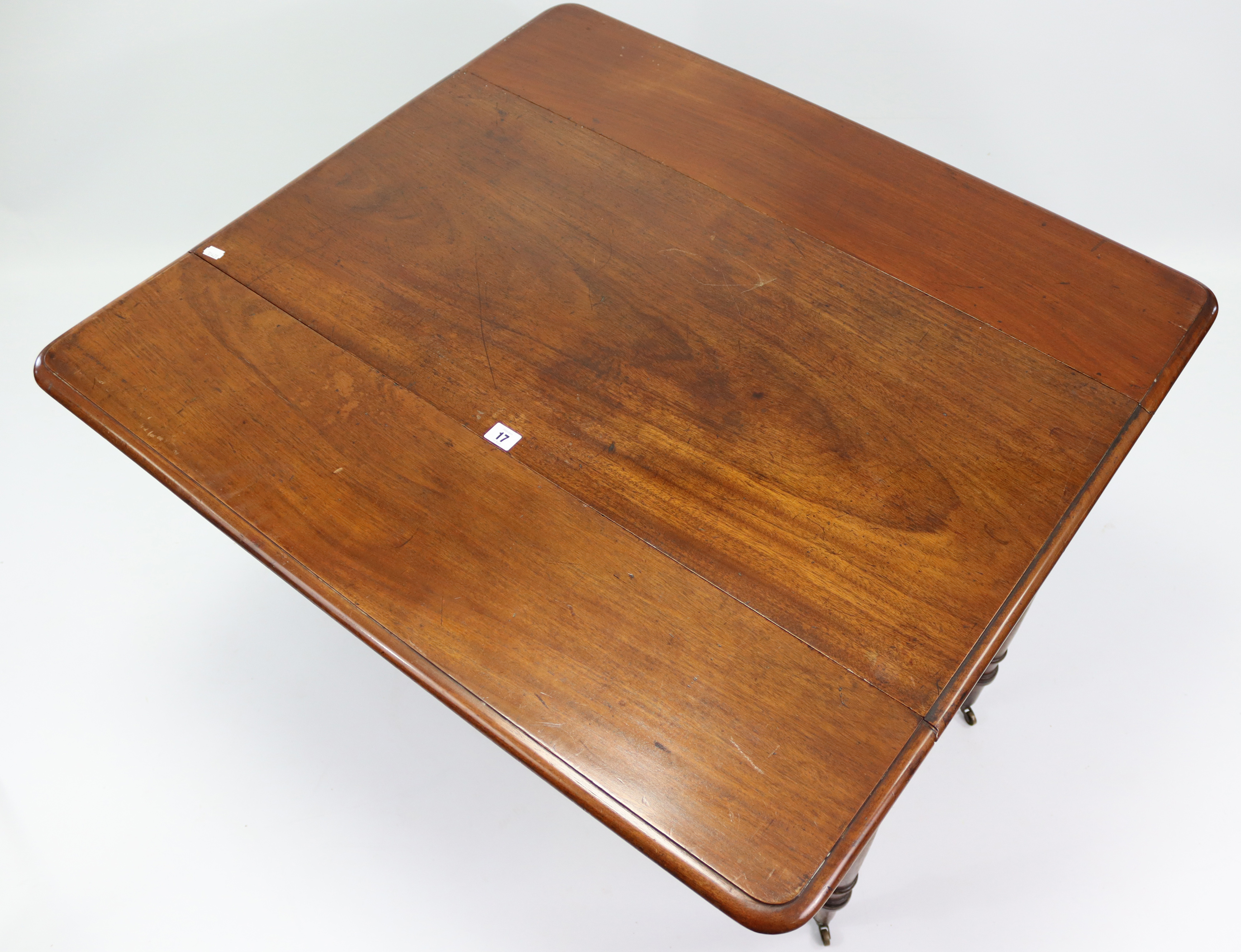 A late 19th century mahogany Pembroke table, fitted end drawer & on turned tapered legs with - Image 3 of 3