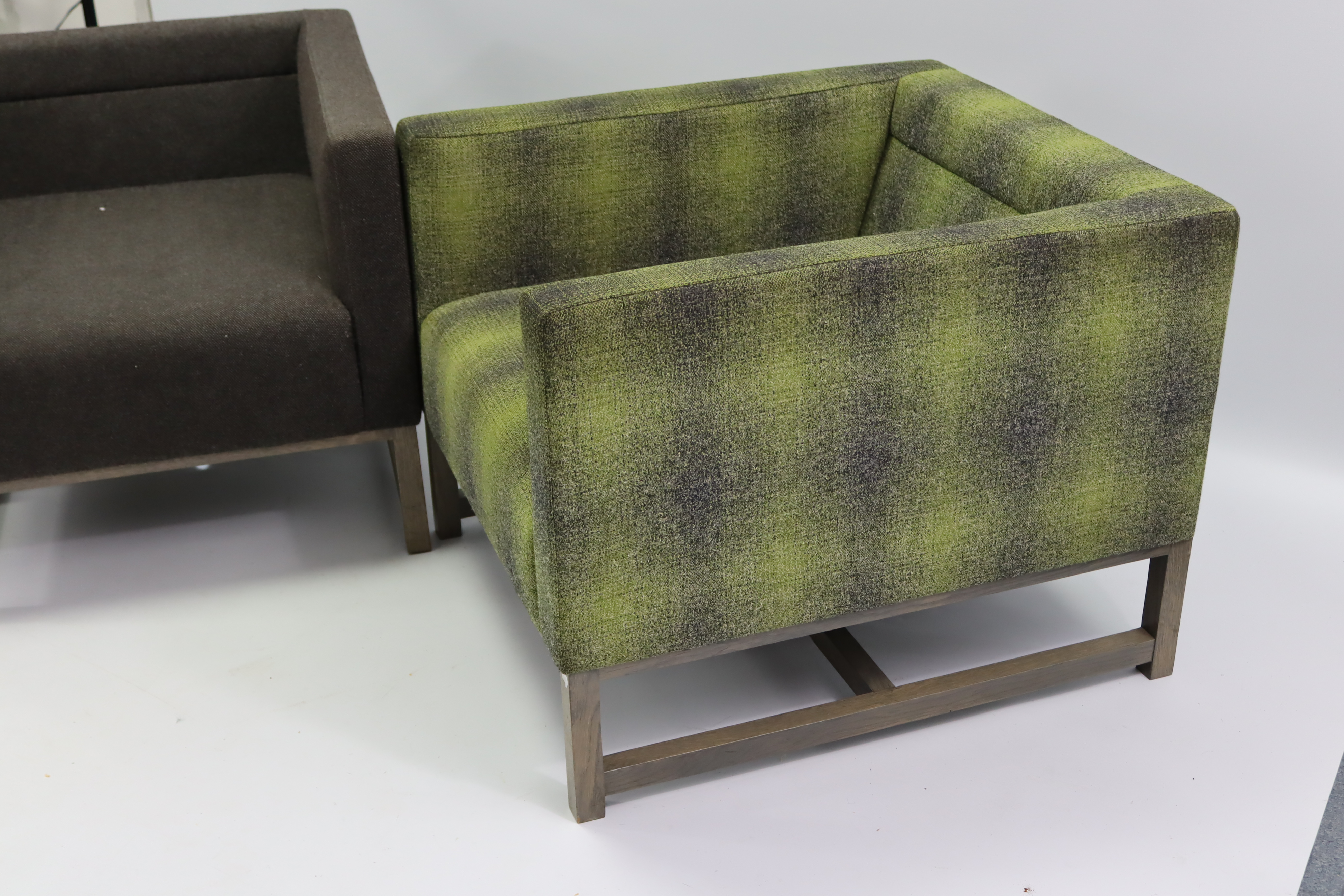 Two square-back easy chairs (one upholstered grey material, the other green chequered material) & on - Image 2 of 3