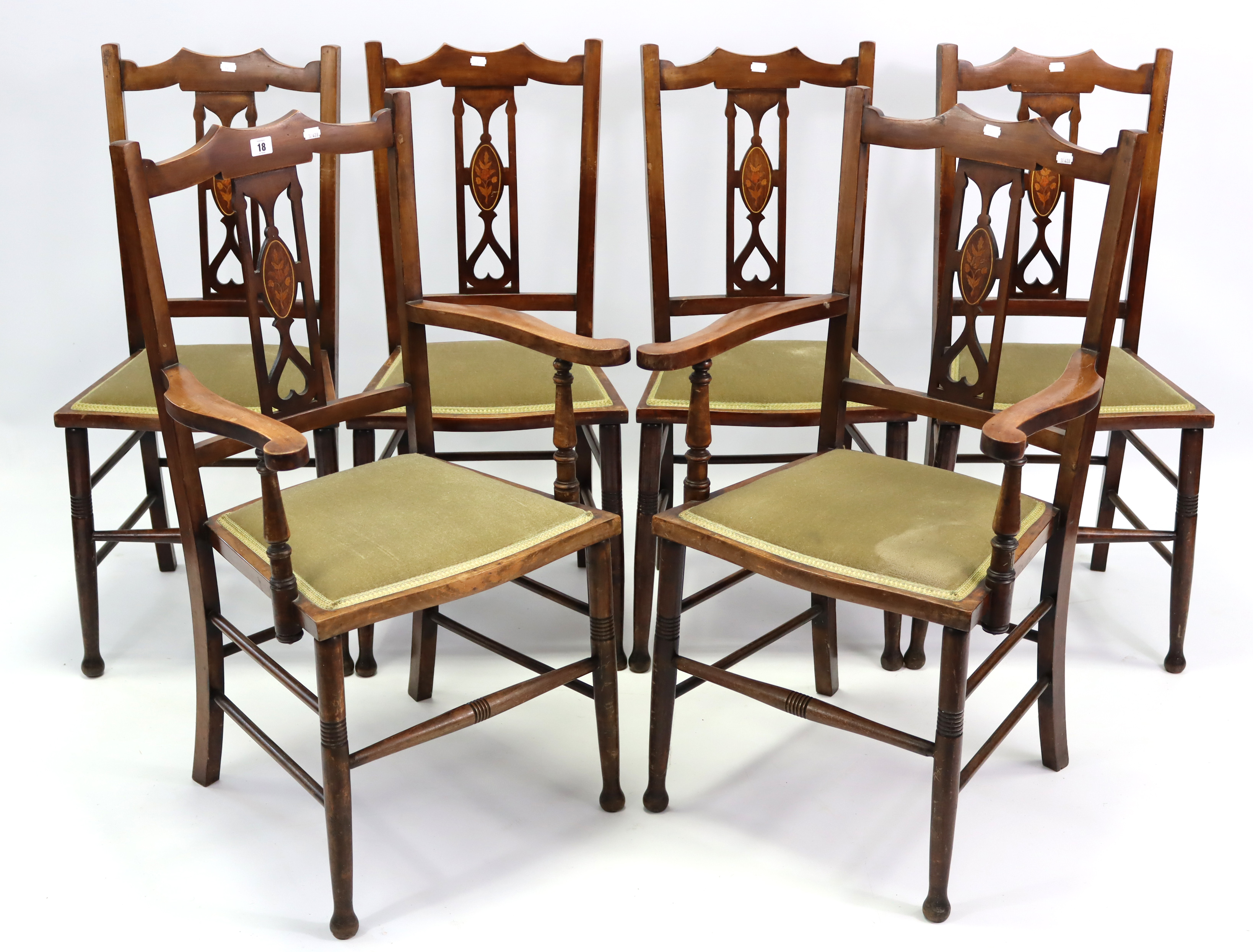 A set of six late 19th century inlaid-beech salon chairs (including a pair of carvers), with