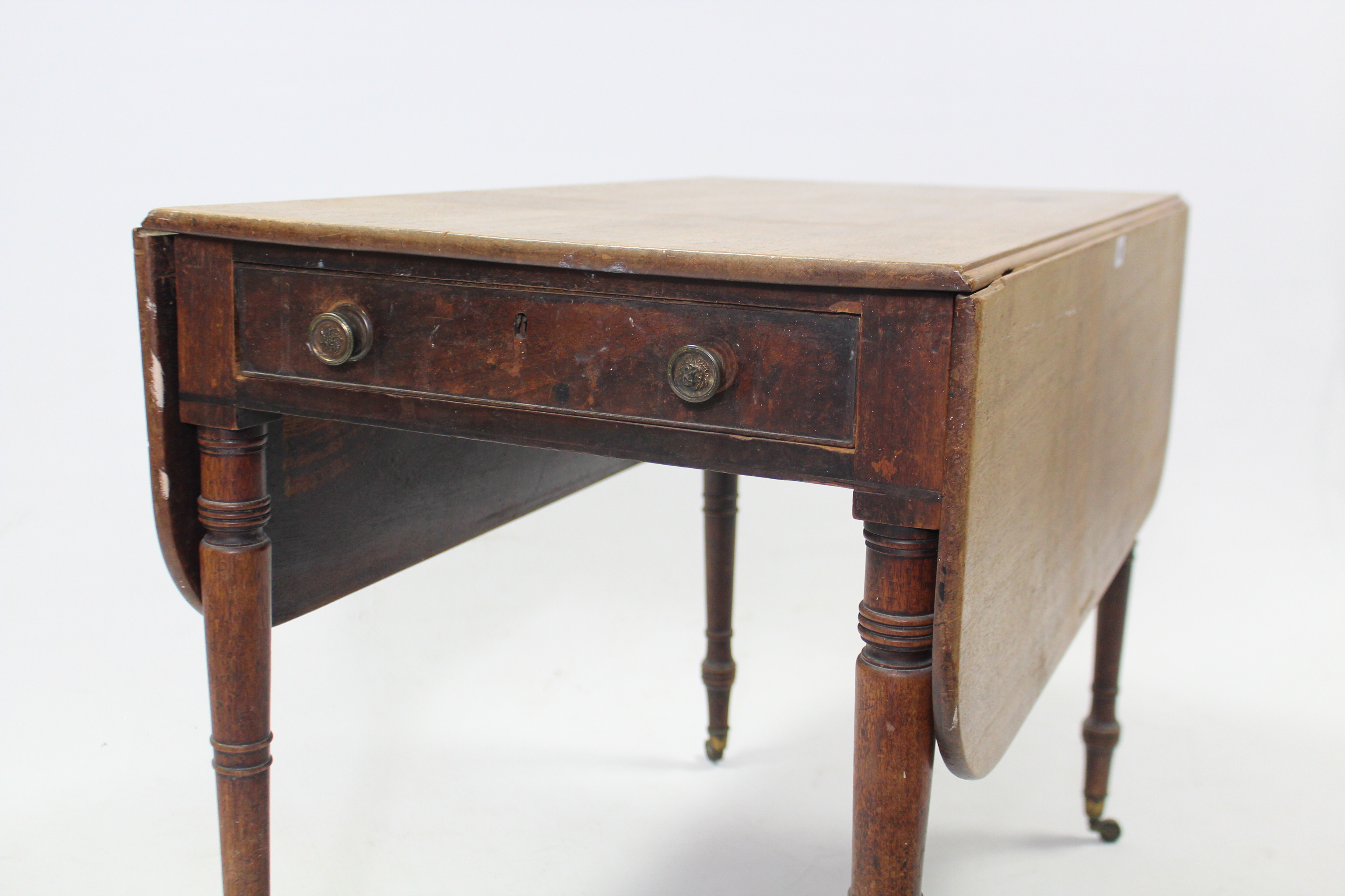 A 19th century mahogany Pembroke table, fitted end drawer & on ring-turned tapered legs with brass - Image 2 of 2