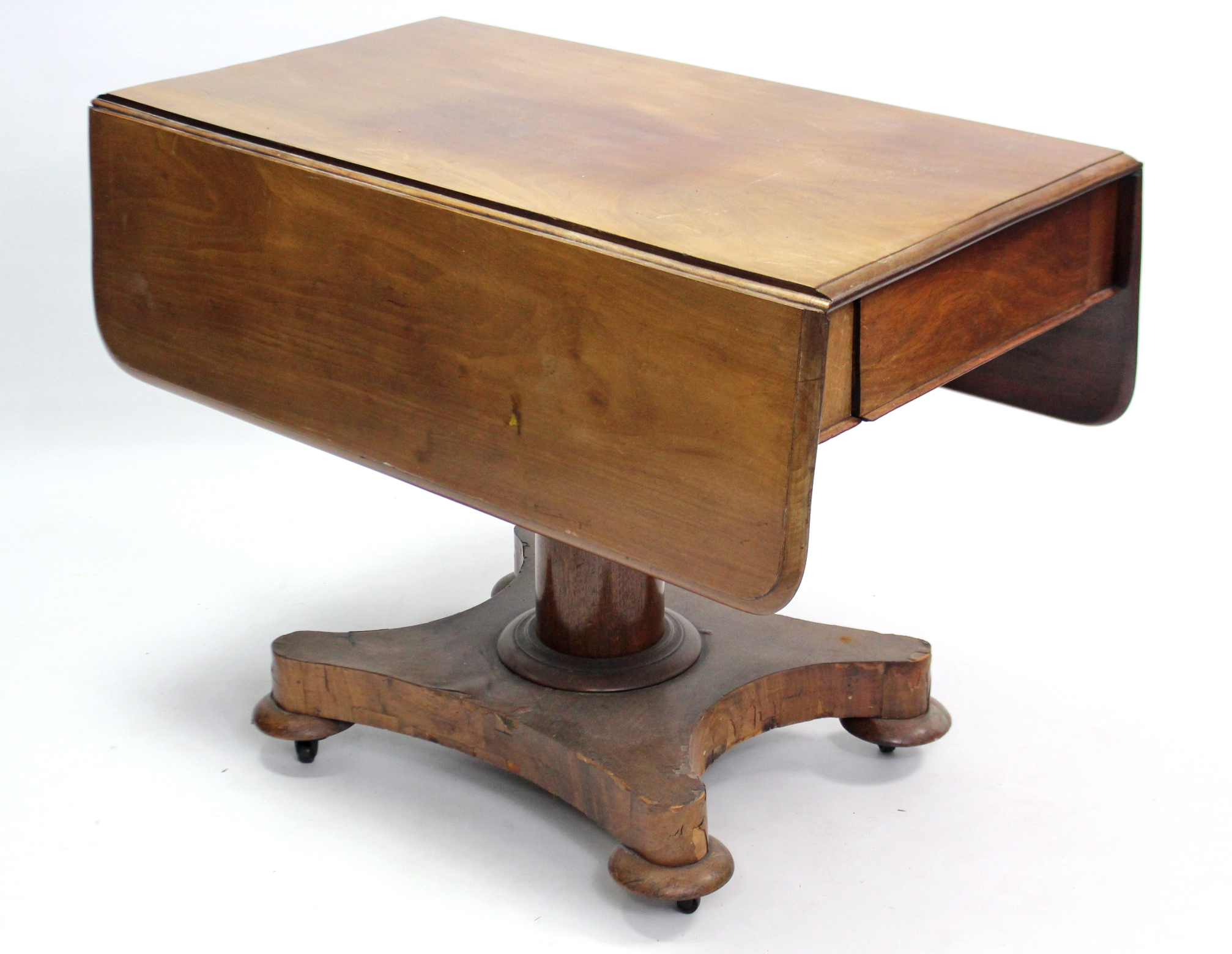 A 19th century mahogany drop-leaf supper table, fitted end drawer & on round tapered centre column &