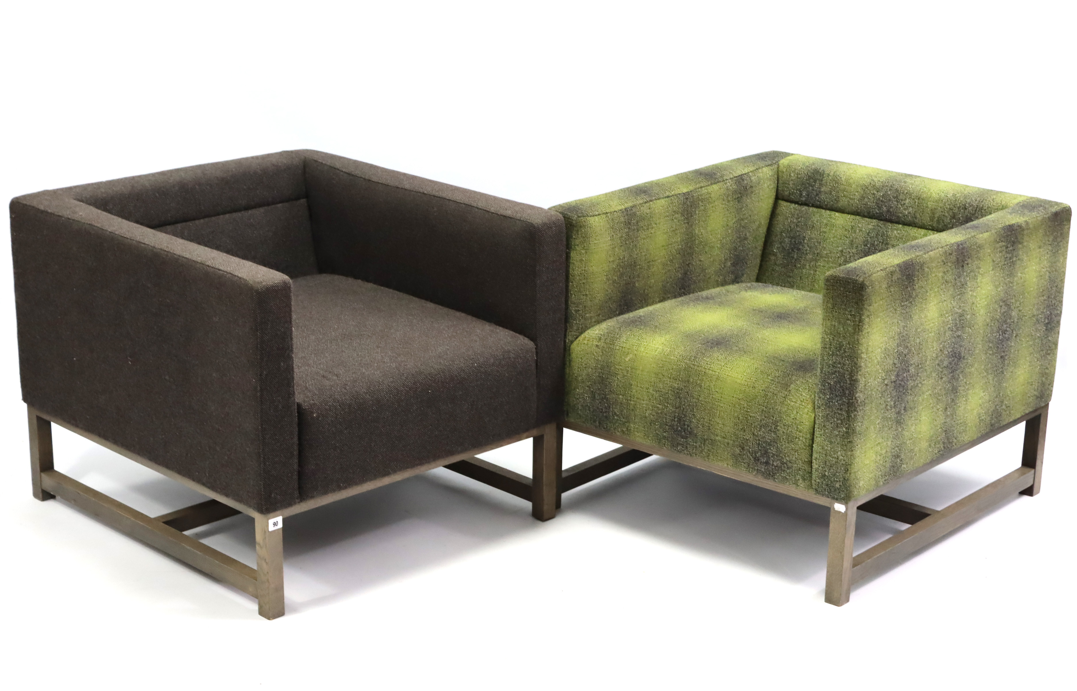 Two square-back easy chairs (one upholstered grey material, the other green chequered material) & on