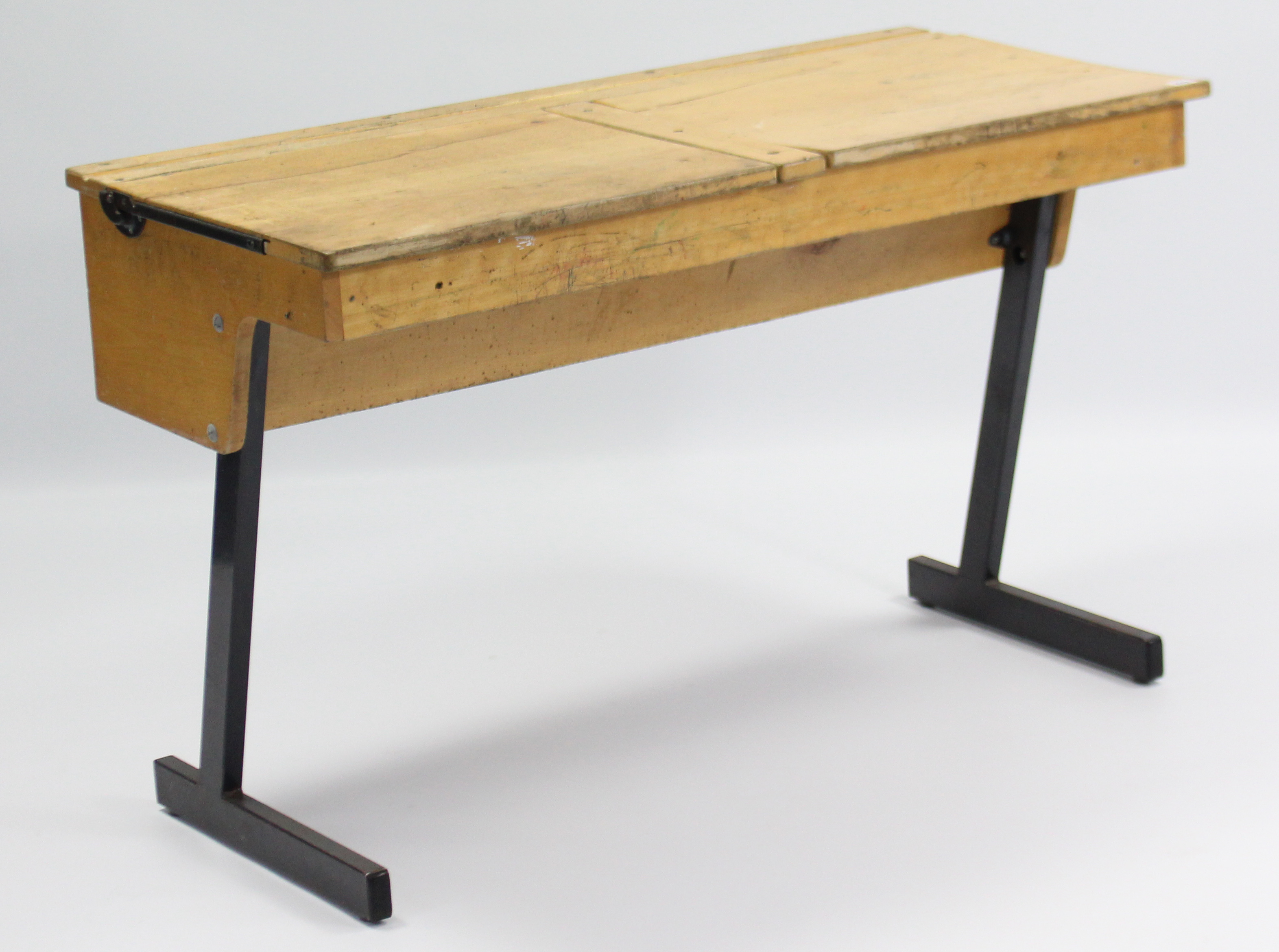 A mid-late 20th century “duet” school desk, 44” wide.