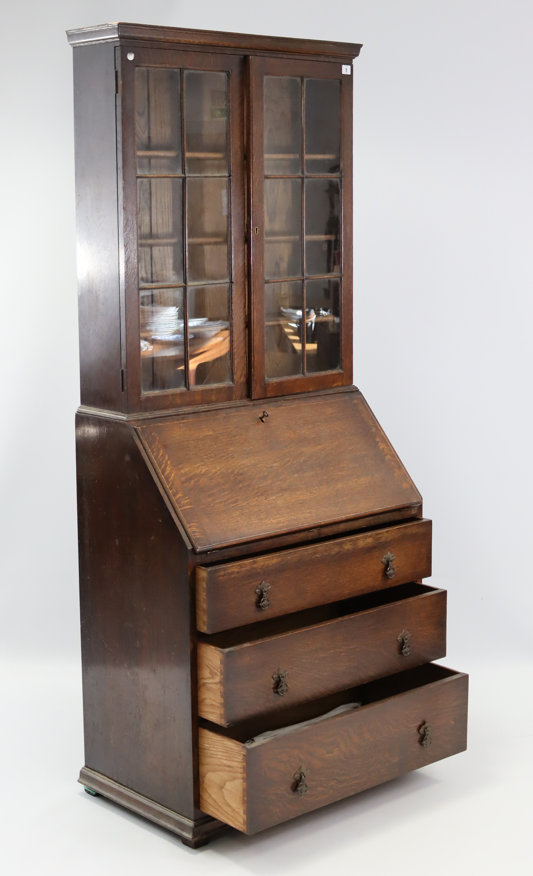 A mid-20th oak bureau/bookcase, the upper part with three adjustable shelves enclosed by pair of - Image 3 of 3