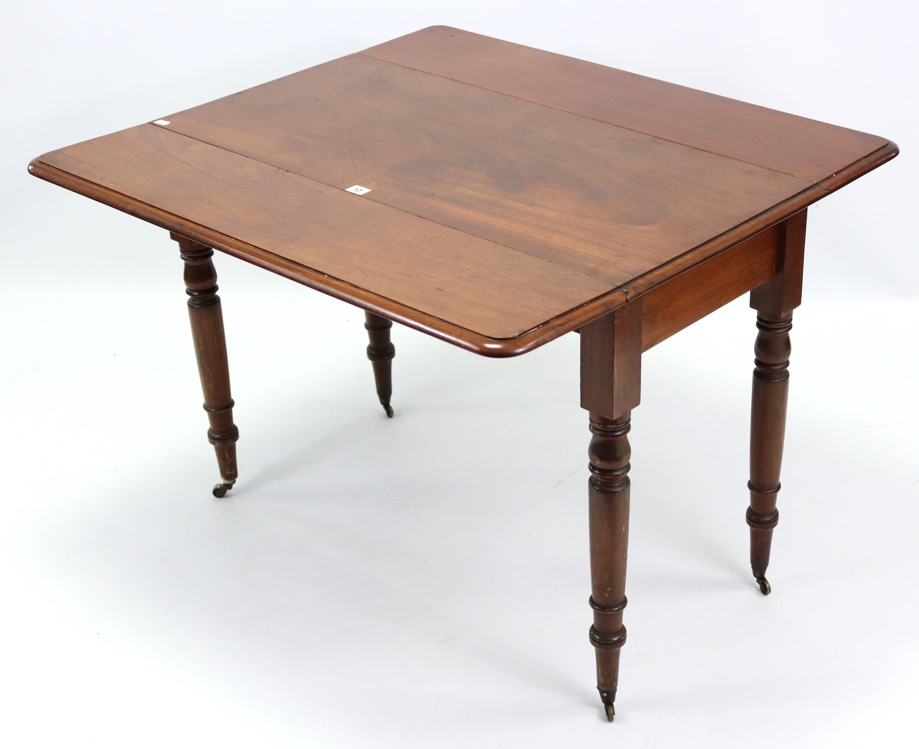 A late 19th century mahogany Pembroke table, fitted end drawer & on turned tapered legs with - Image 2 of 3