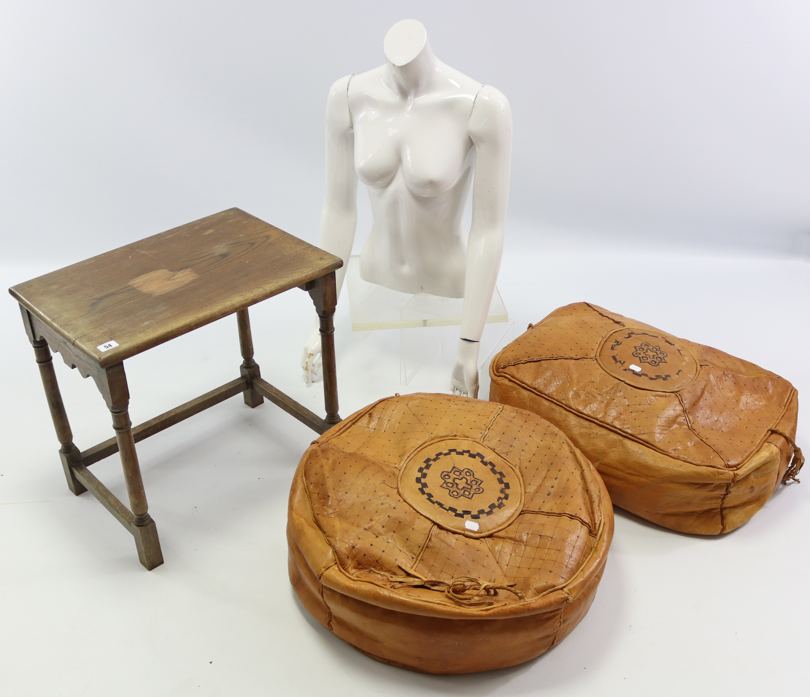 An oak rectangular occasional table; three camel cushions; a shops display model, etc.